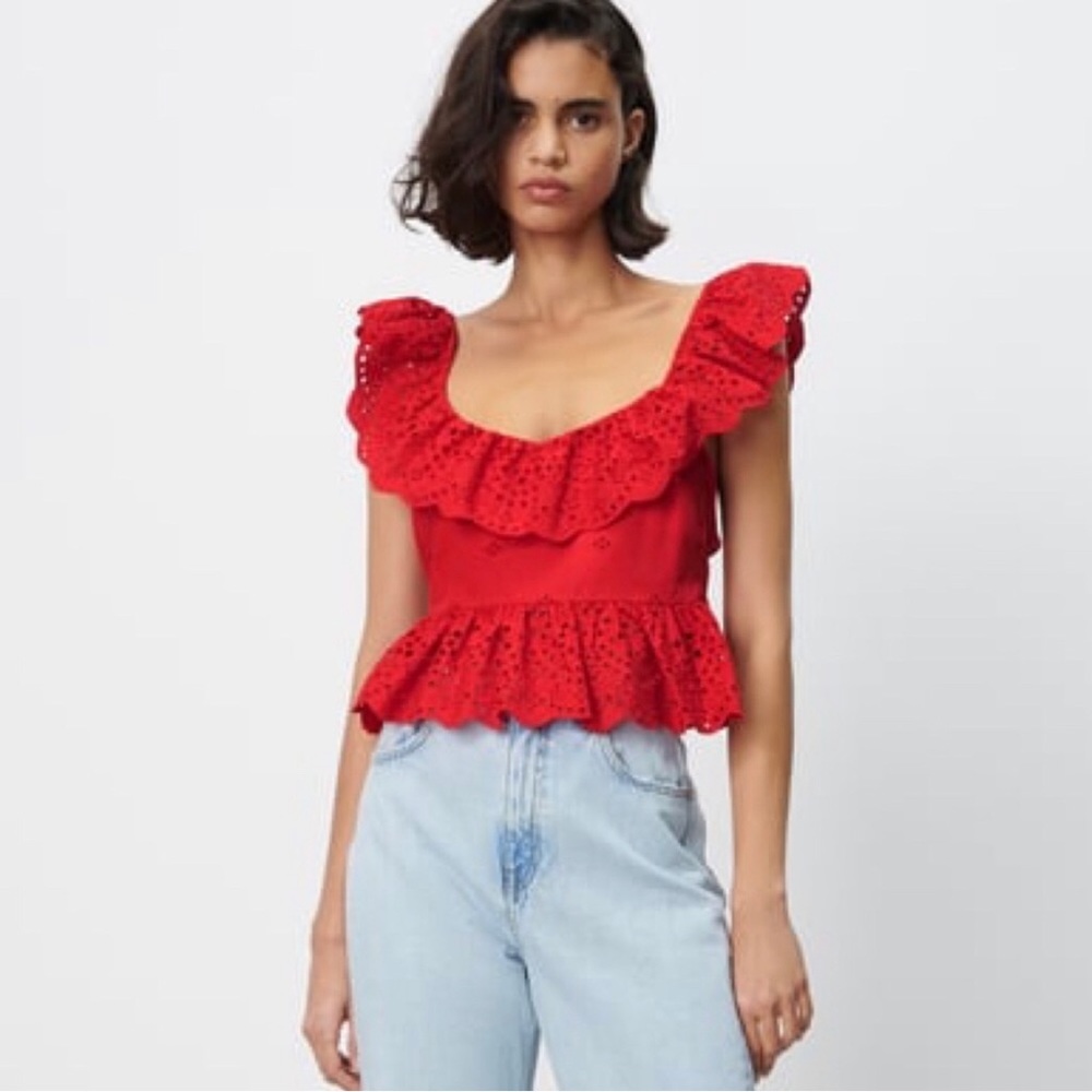 Zara Red Eyelet Crop Top Openback Backless Medium